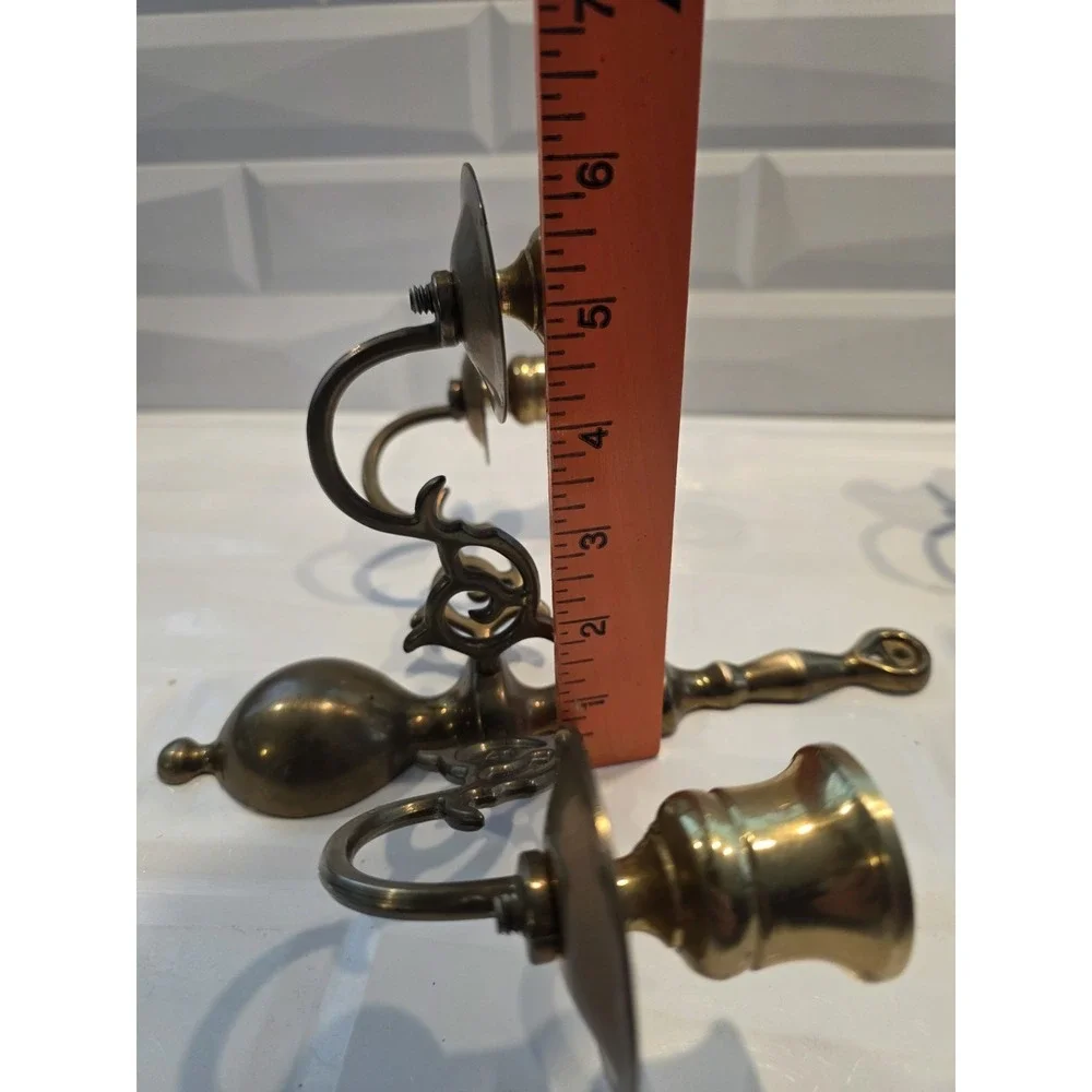 2 Vintage Brass 3 Arm Colonial Wall Sconce Candle Holders Pair 9